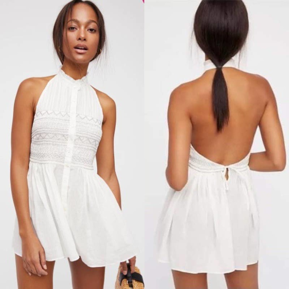 NWT Free People A Year Of Sun Embroidered Cotton Backless Halter Top $78 Size XS